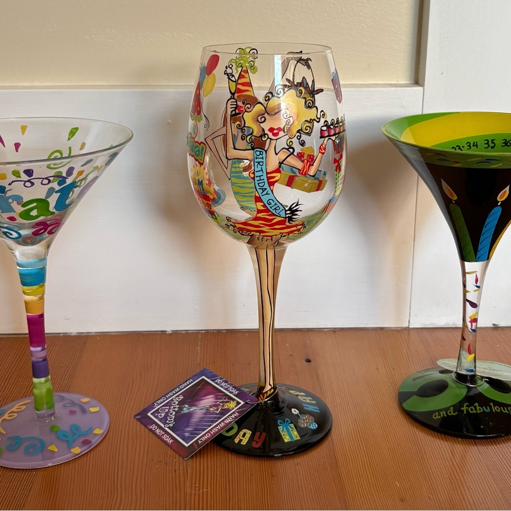 Colorful Hand-Painted Wine Glass Set x 3